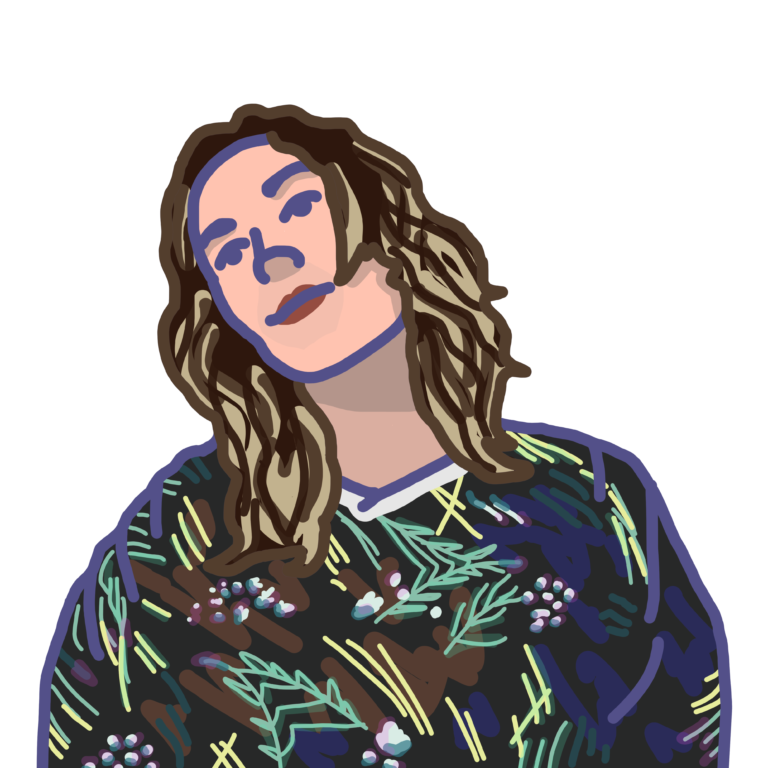 An illustration of a person with long brown and blonde hair, with a blue patterned top.