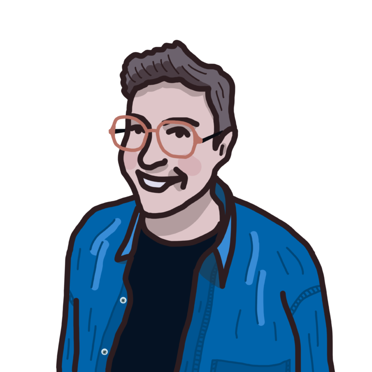 An illustration of a person with short brown hair, wearing glasses and a blue shirt.