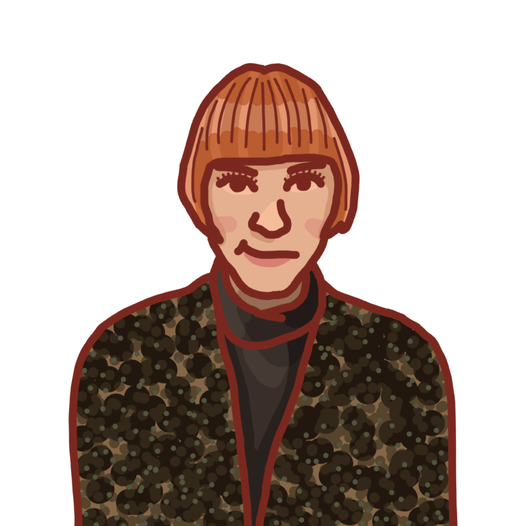 An illustration of a person with short red hair, wearing a dark patterned jacket.