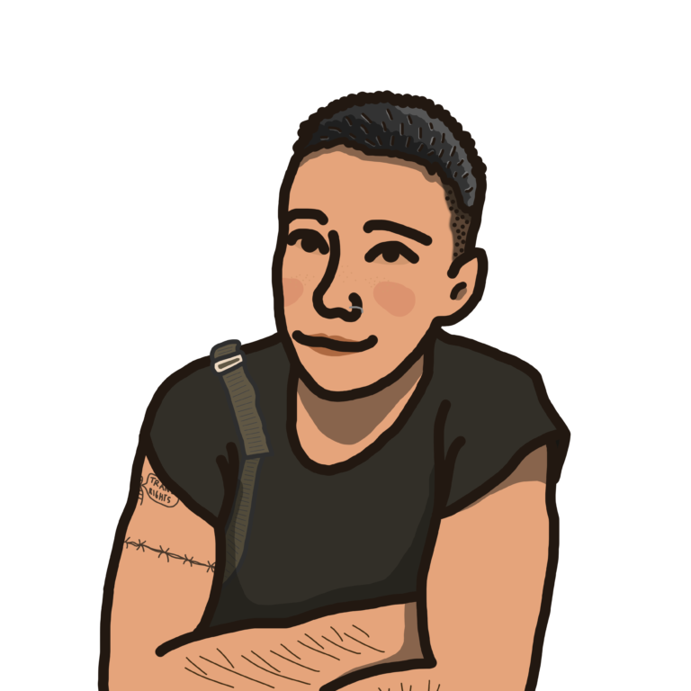 An illustration of a person with short dark hair wearing a black T-Shirt.