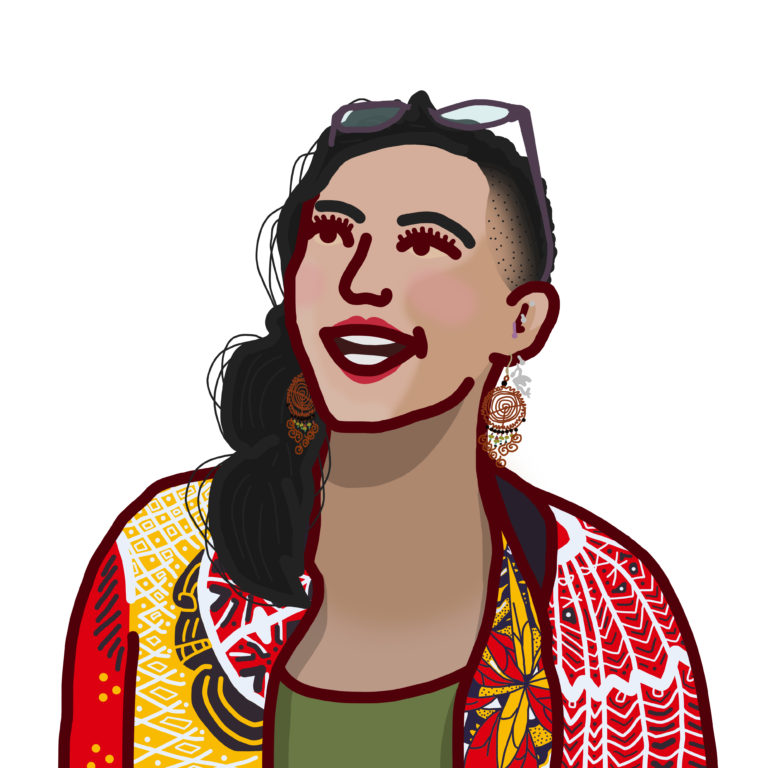 Illustration of a person with long long black hair on the side, half-shaved head and glasses on their head.