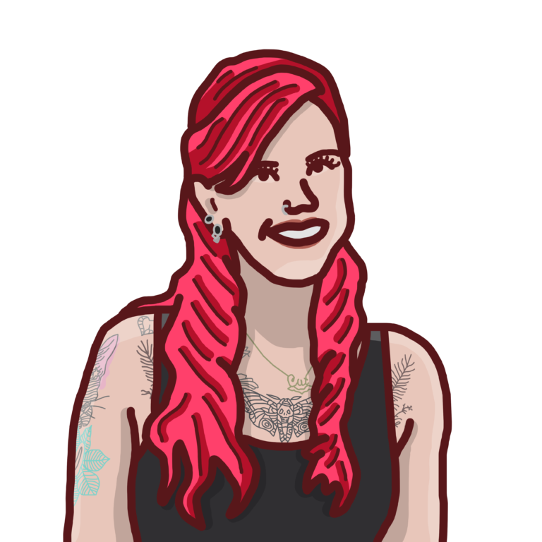 An illustration of a person with long red hair, dangling earring, wearing a black top and tattoos on their chest and arms.