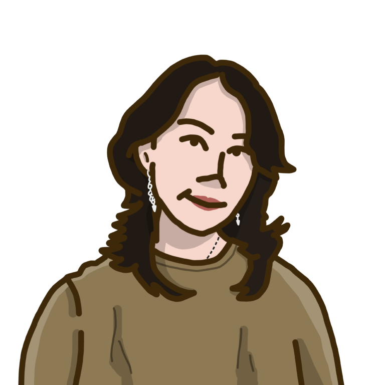 An illustration of a person with long black hair, dangled earrings, wearing a khakhi jumper.