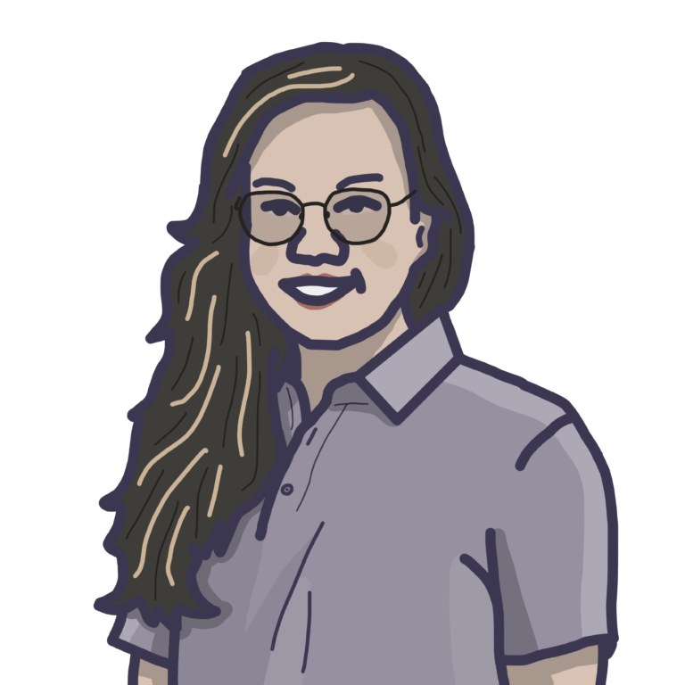 An illustration of a person with long brown hair, wearing glasses and a light purple top.