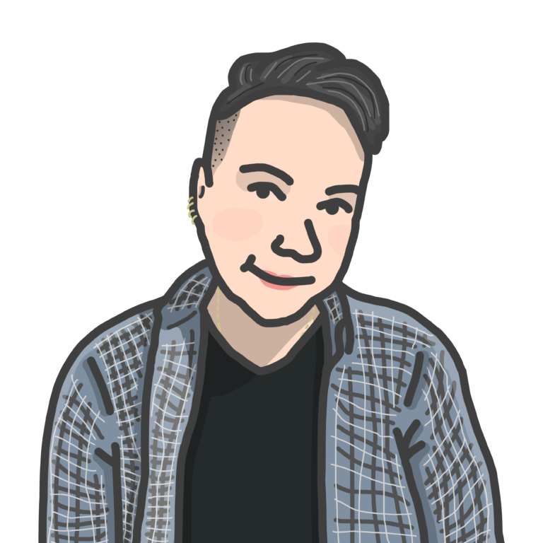 An illustration of a person with short brown hair, wearing a blue checkered shirt.