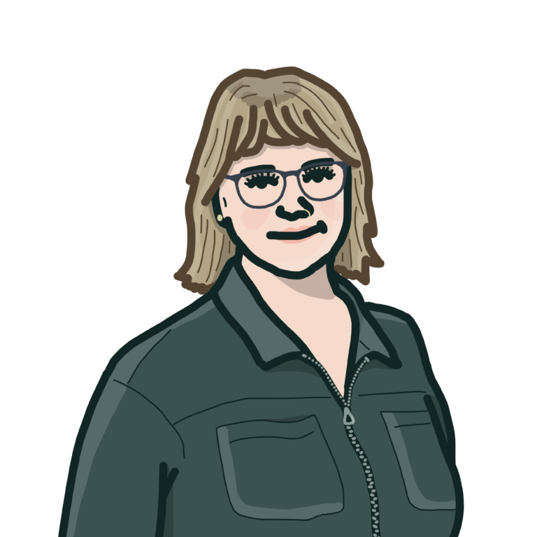 An illustration of a person with short block hair, wearing glasses and a dark green top.