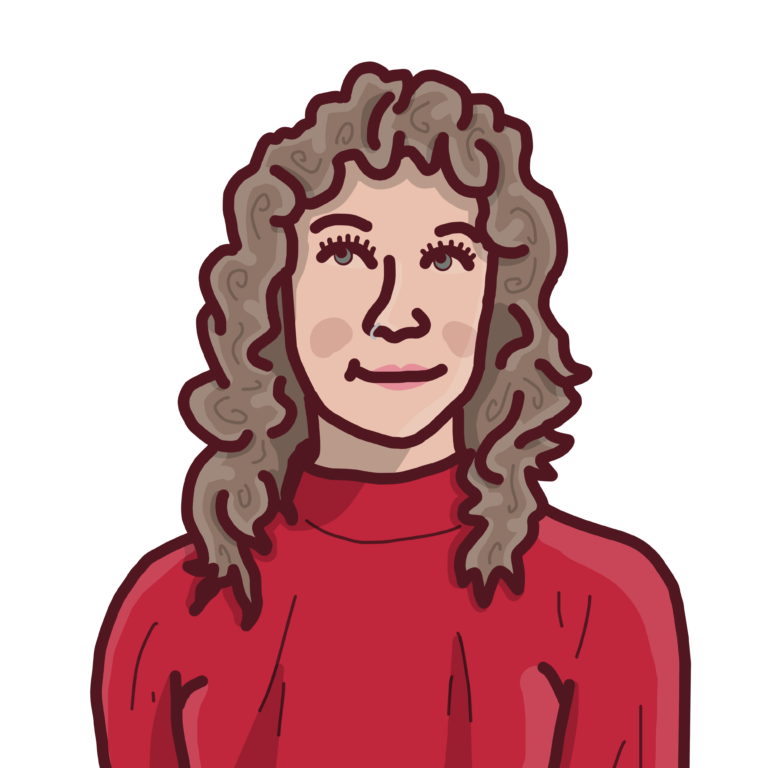 An illustration of a person with brown curly hair wearing a red turtleneck.