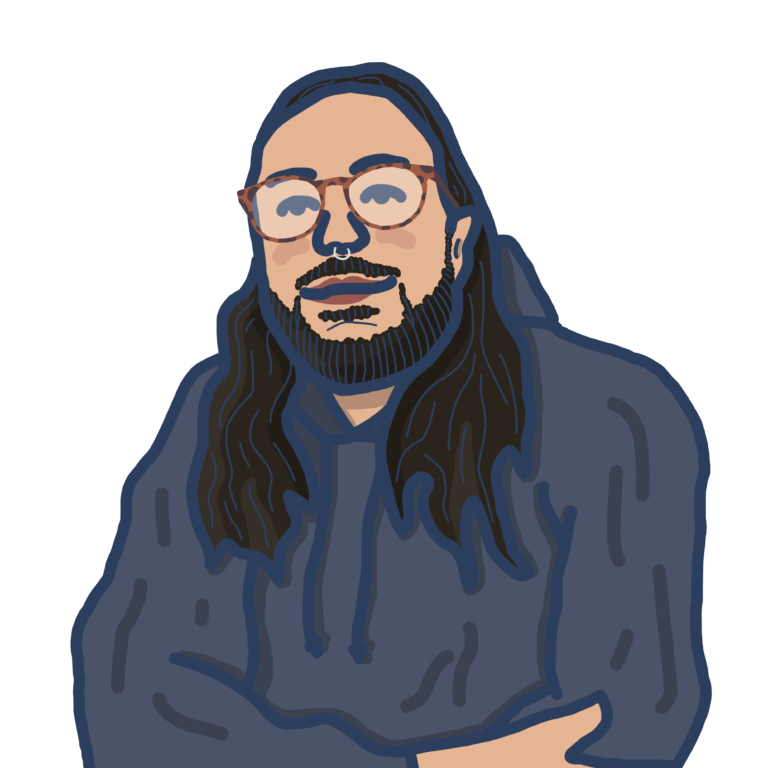 An illustration of a person with red glasses with long black hair, wearing a dark blue jumper.