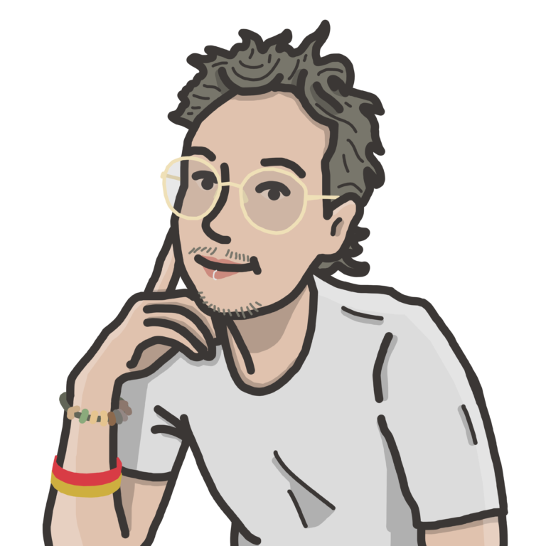 An illustration of a person with short light brown hair, glasses and wearing a white top.