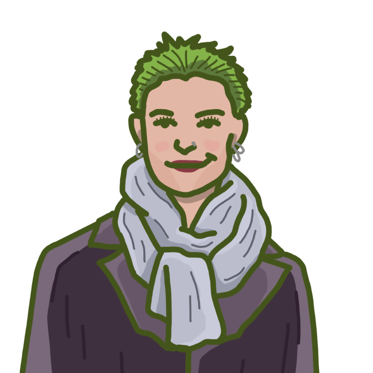 An illustration of a person with green short hair wearing hoop earrings, a purple jacket and a bit grey scarf.