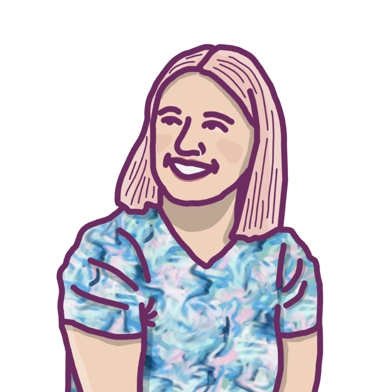 An illustration of a person with long pink hair and a light blue T-shit.