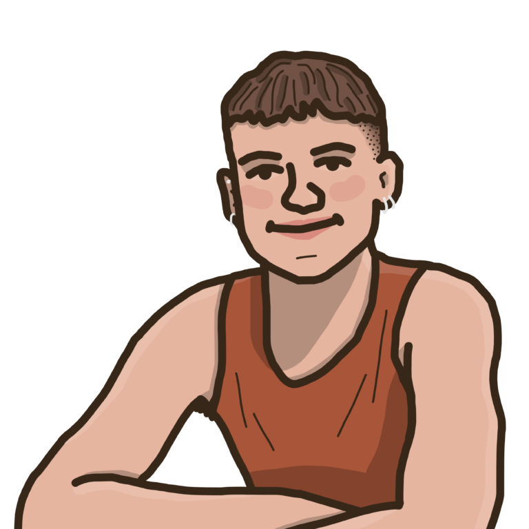 A person with short brown hair wearing a brown sleeveless top.