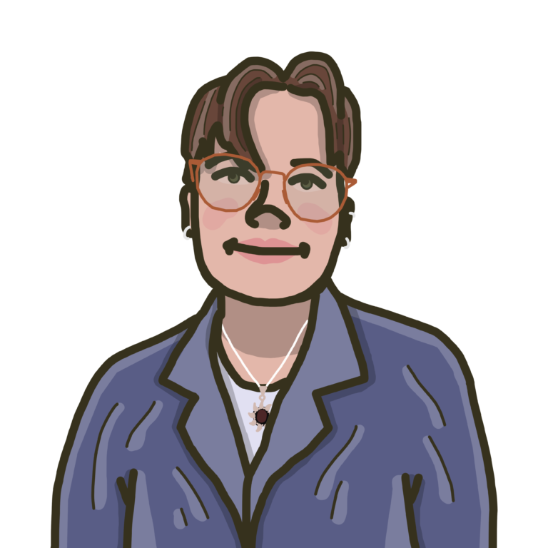 An illustration of a person with glasses and bangs, wearing a blue suit.