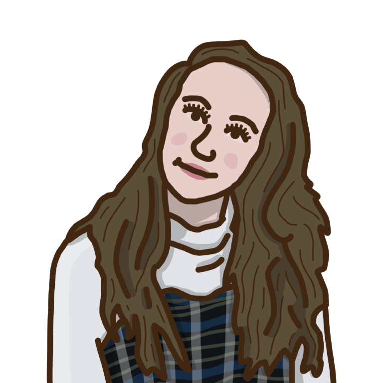 A person with long brown hair wearing a white turtleneck top.