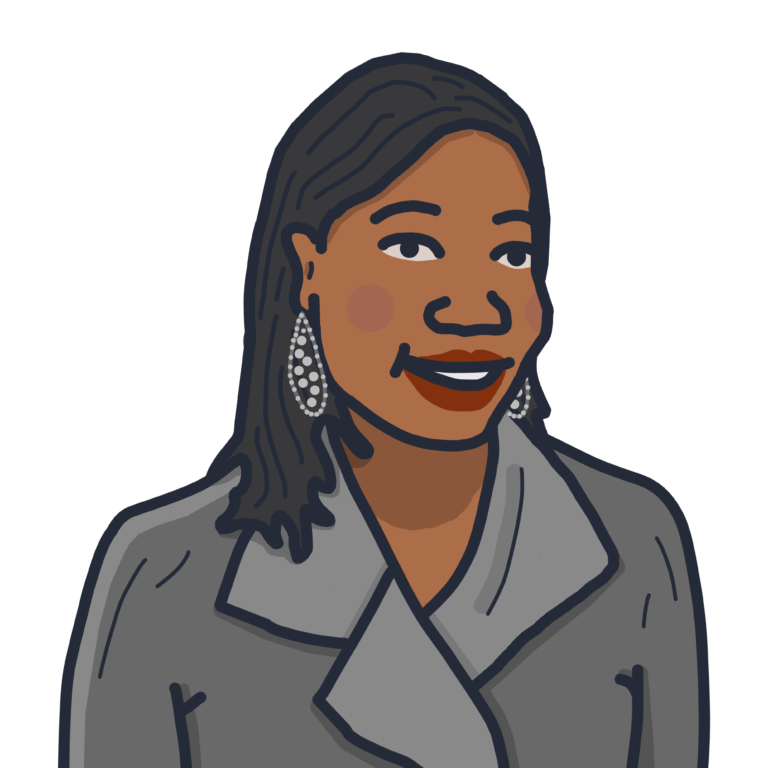 An illustration of a woman with long dangling earrings and a coat.