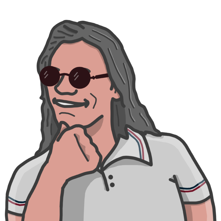 An illustration of a person with sunglasses holding their chin and white shirt.