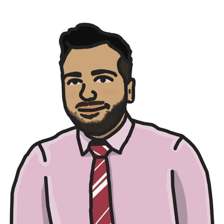 An illustration of a person with short dark beard and hair, wearing a long pink shirt and a red stripped tie.