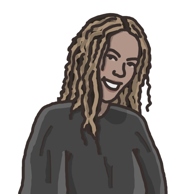 An illustration of a black smiling person with long golden hair. wearing a black jumper.