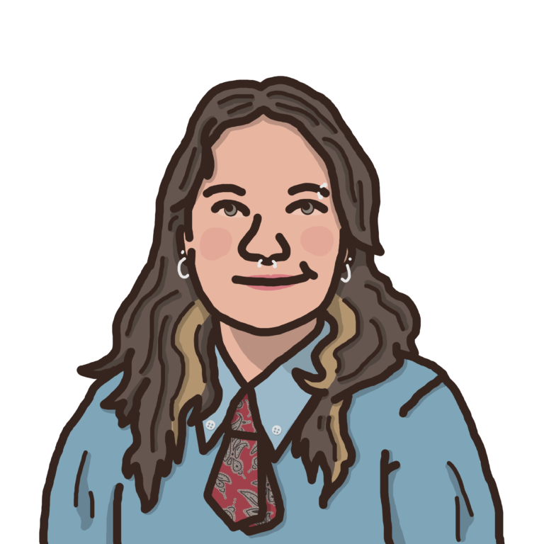 An illustration of a white person with long brown hair, wearing a blue long sleeve shirt and a red short tie.