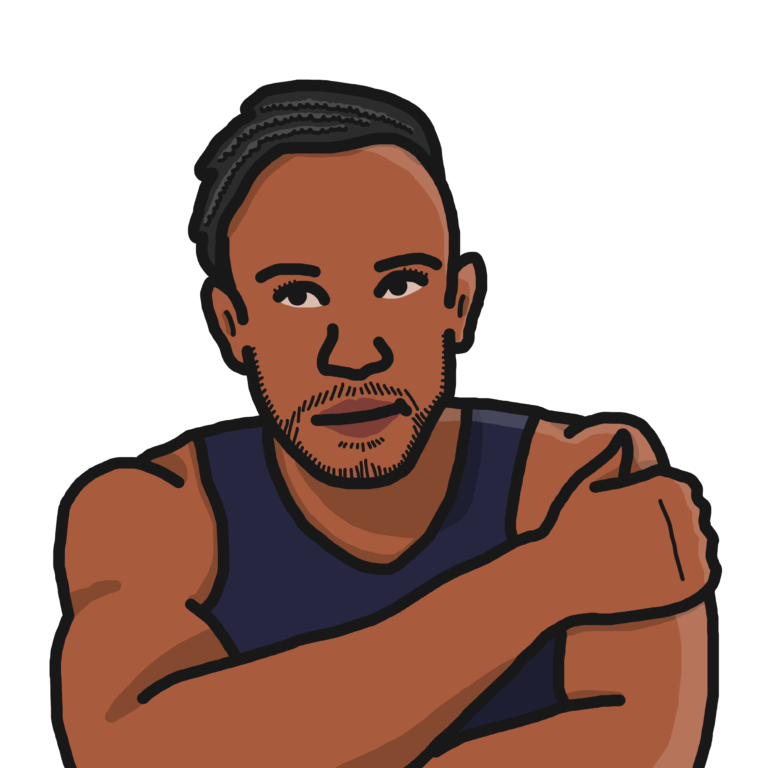 An illustration of a person with short black hair, wearing a black sleeveless top.