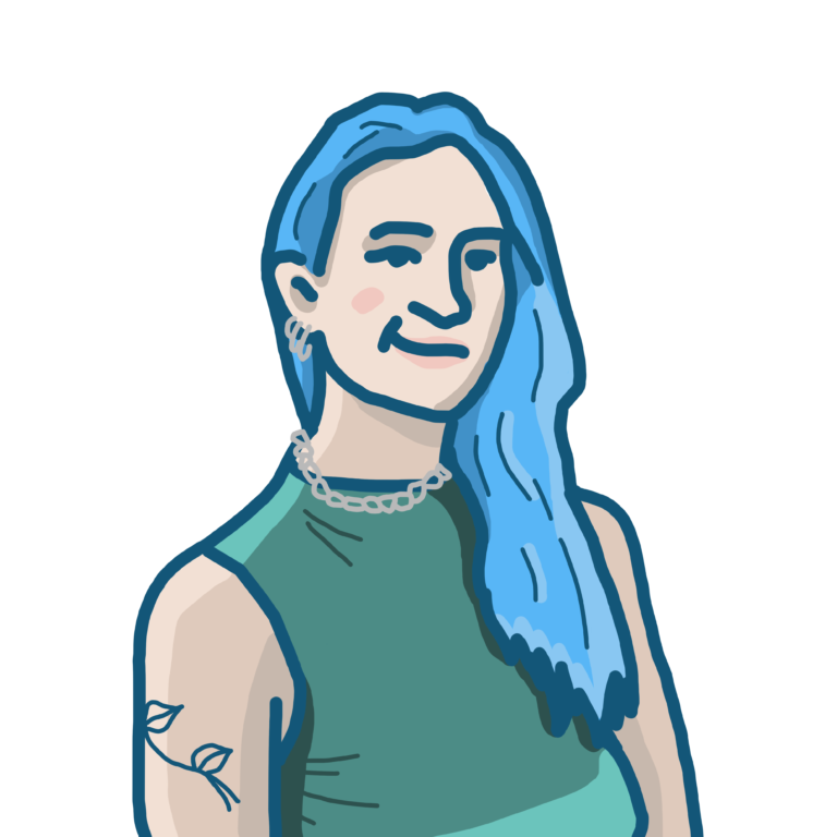 A person with long blue hair, wearing a green top and a silver neck chain.