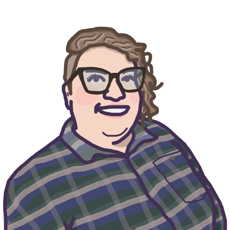 Illustration of a person with short curly hair, wearing glasses and a blue checkered shirt.