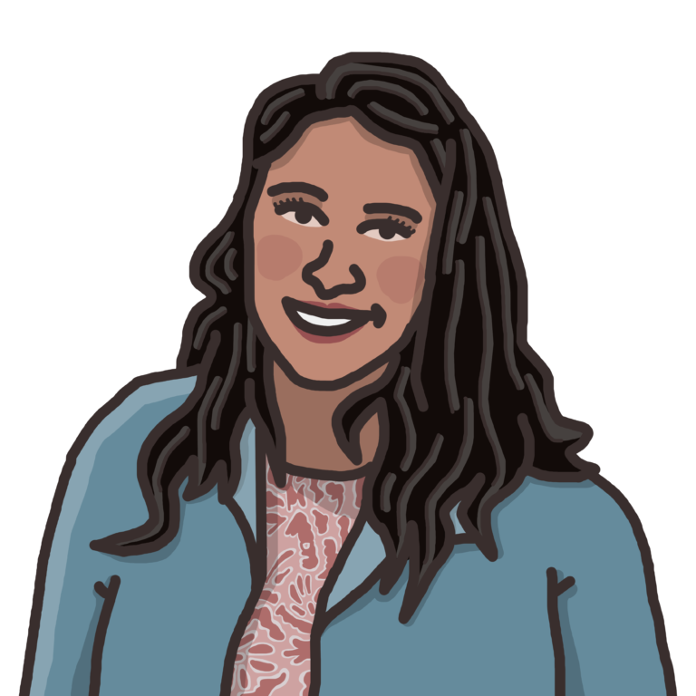 Illustration of a person with long brown hair and a blue blazer.