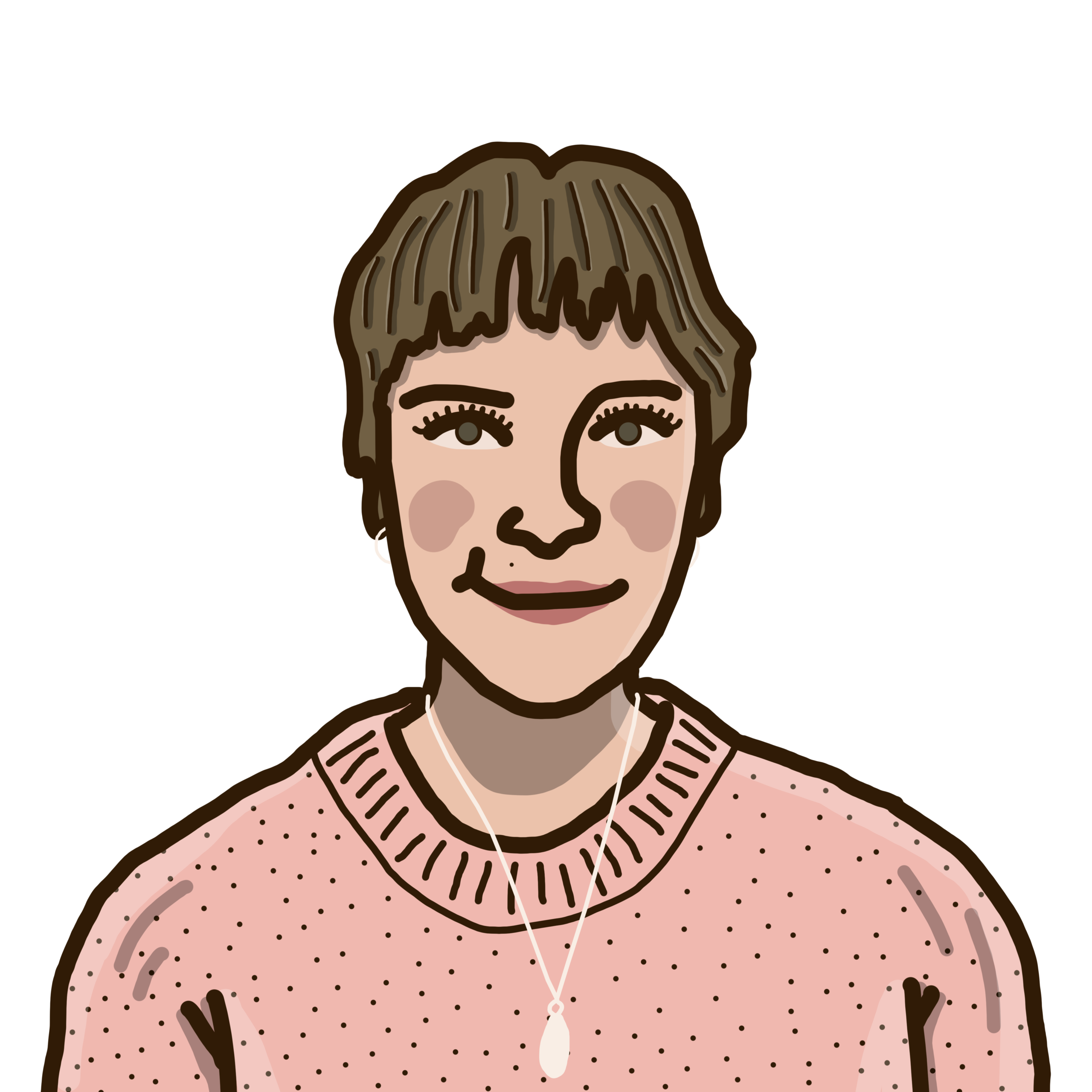 Illustration of a person with short brown hair, wearing a pink jumper and a necklace.