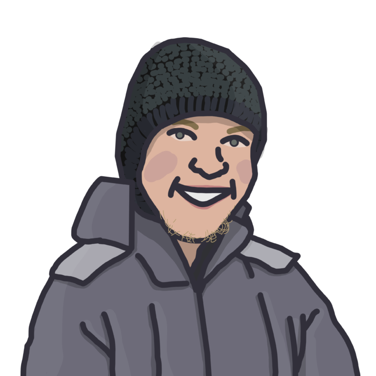 Illustration of a person wearing a black beanie and a grey jacket.