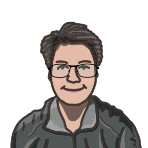 An illustration of a person with brown short hair wearing glasses and a dark grey jacket