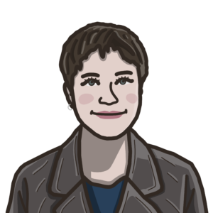 An illustration of a person with short brown hair wearing a dark grey blazer