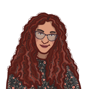 An illustration of a person with long red curly hair, wearing glasses and a floral patterned top