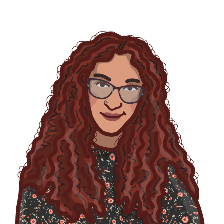 An illustration of a person with long red curly hair, wearing glasses and a floral patterned top