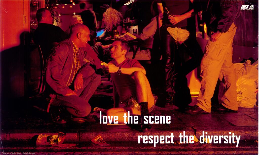 A poster of a group of people mingling, in sepia hues, overlaid with the text "love the scene, respect the diversity"