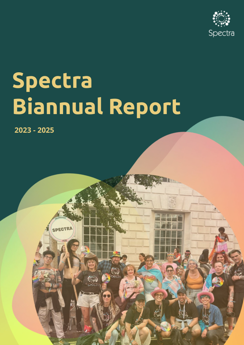 A green background overlaid with an image of a few people smiling at the camera, many of them with trans flags wrapped around them, and next to the image we have the text 'Spectra Biannual Report'