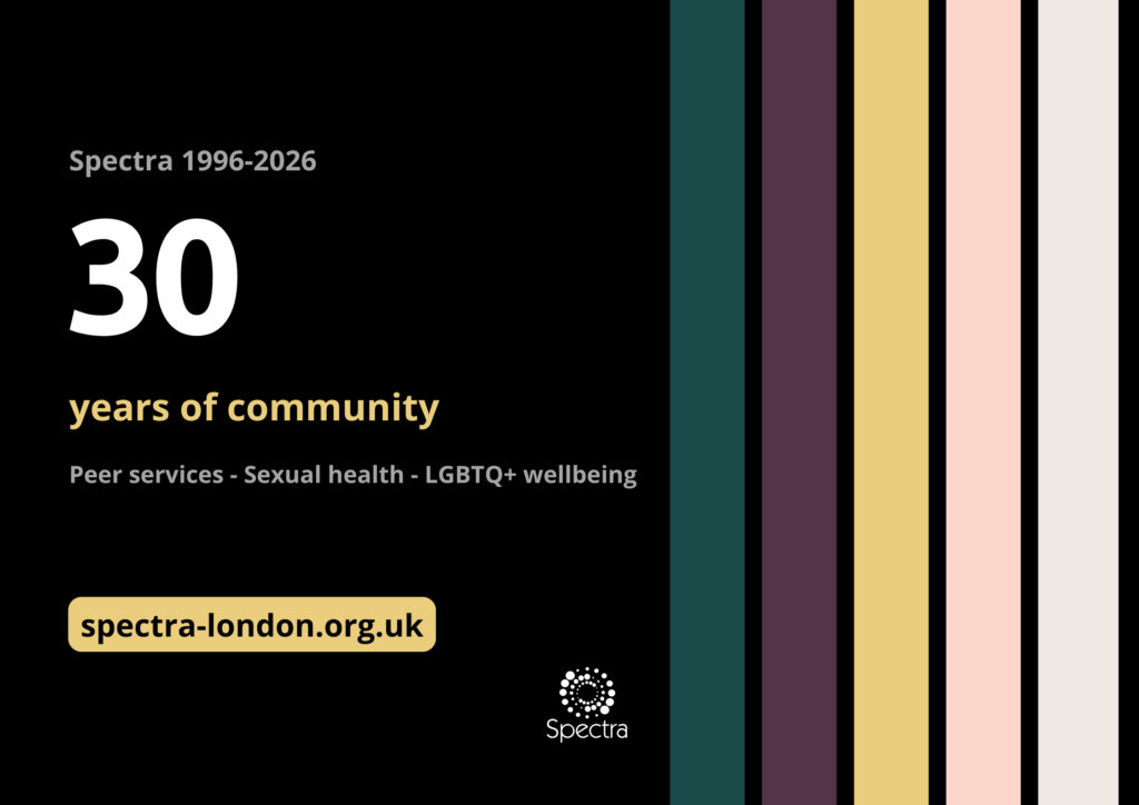 A black background with colourful lines, overlaid with the text '1996-2026, 30 years of community, peer services, sexual health, LGBTQ+ wellbeing', including Spectra's logo