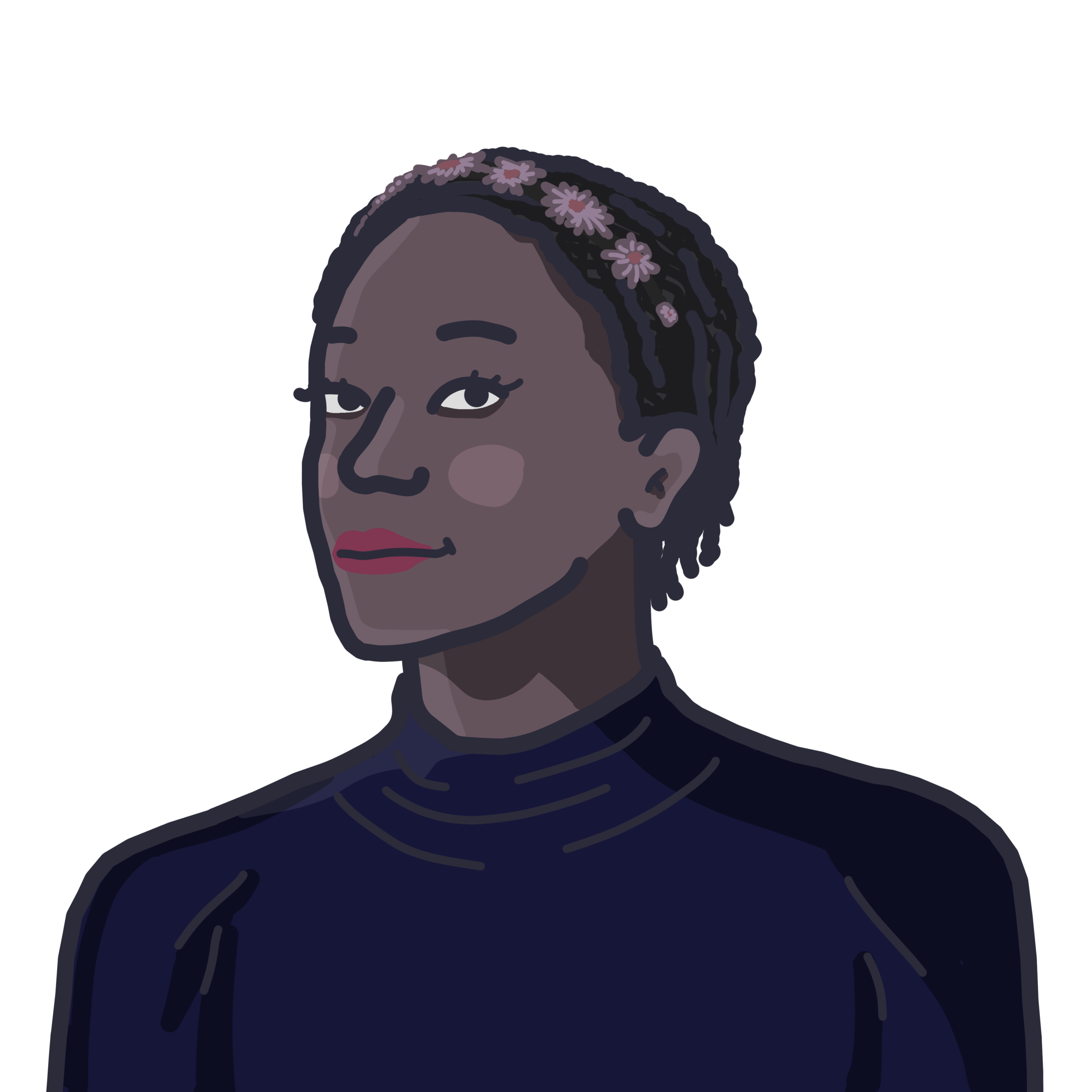 Illustration of a person with short black hair in braids and a floral band on them
